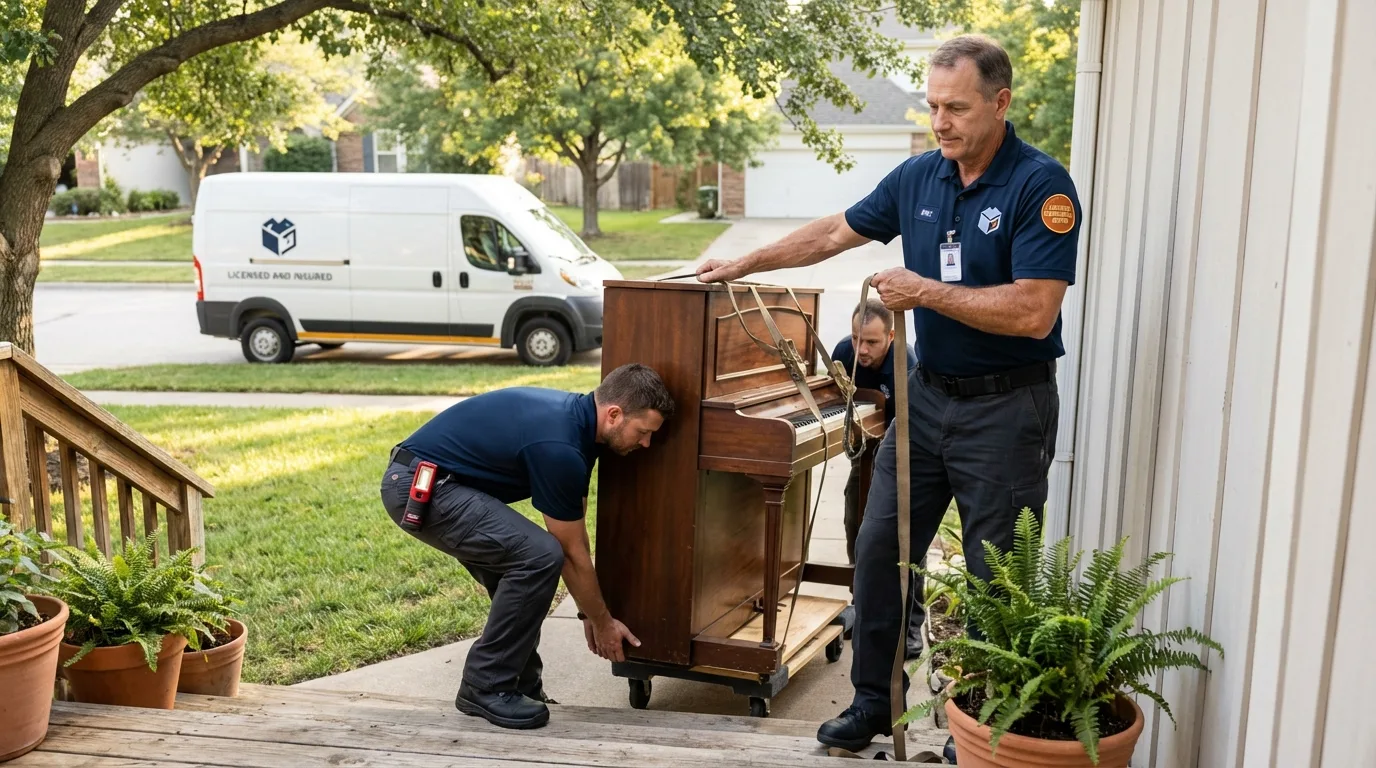 Licensed piano movers securing grand piano in Somers, CT