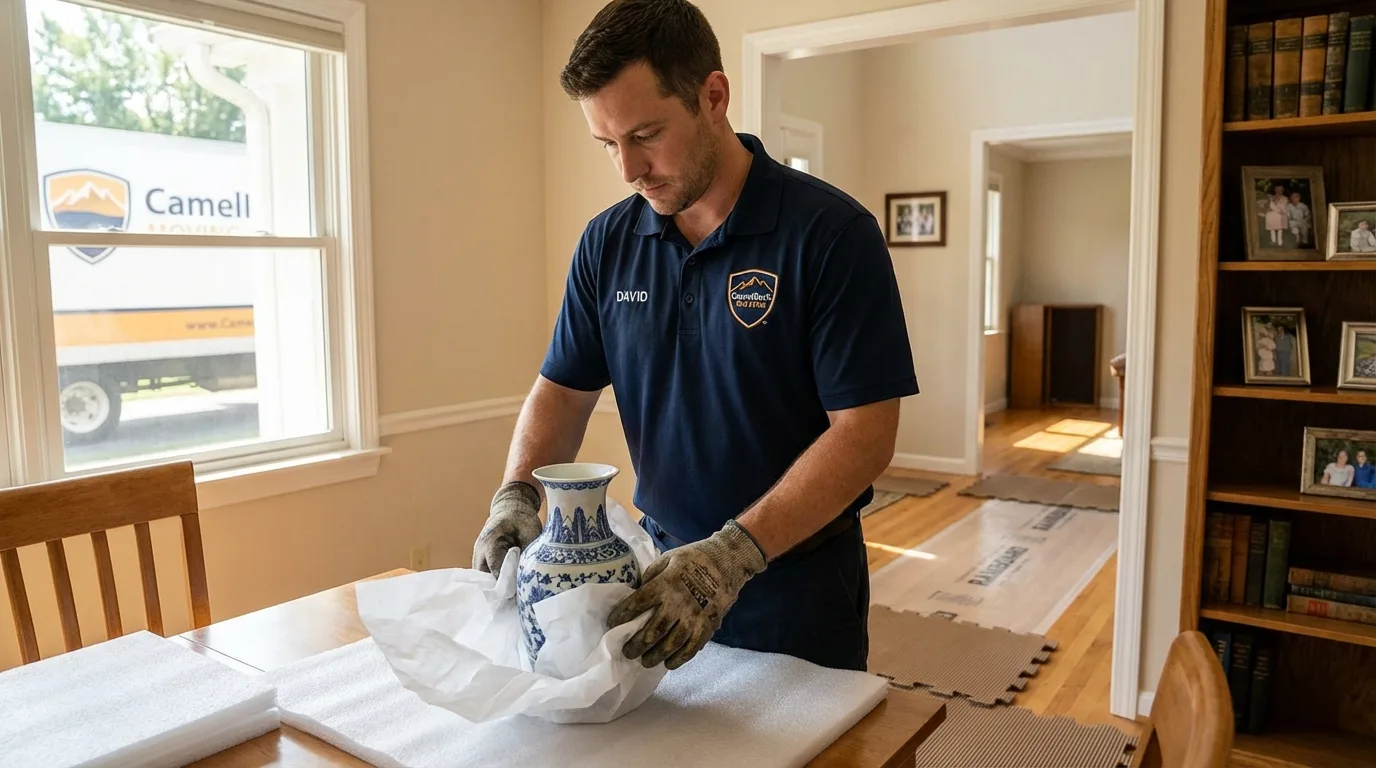 Professional crew carefully wrapping antique vase for senior downsizing move in Somers, CT