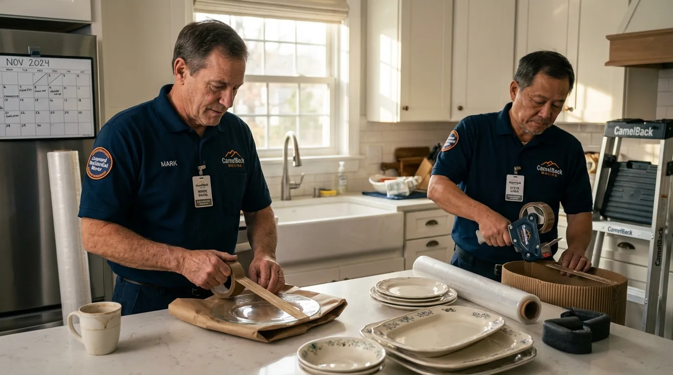 Professional crew packing kitchen dishware in Somers, CT